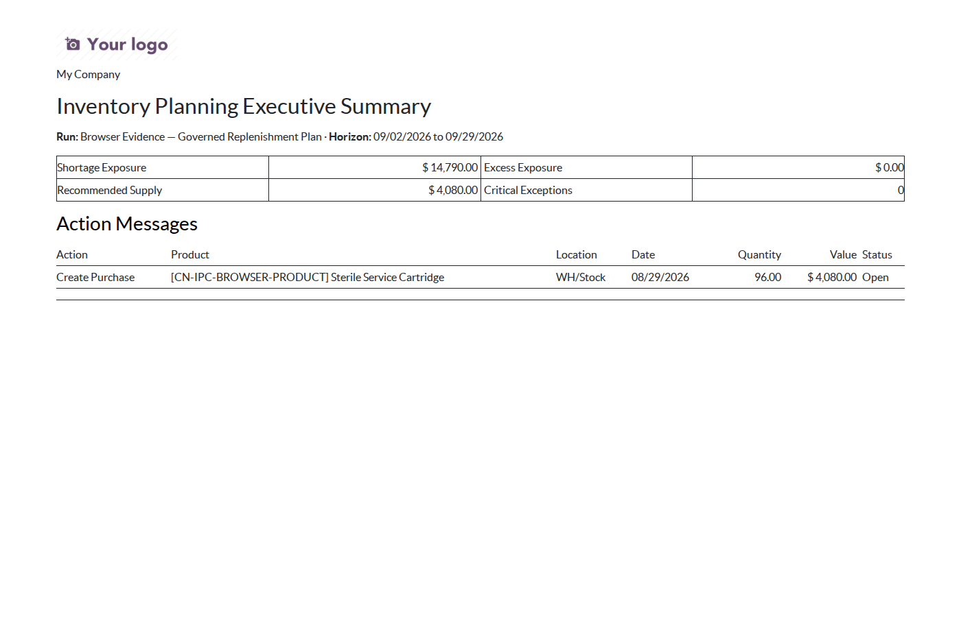 Inventory planning executive report