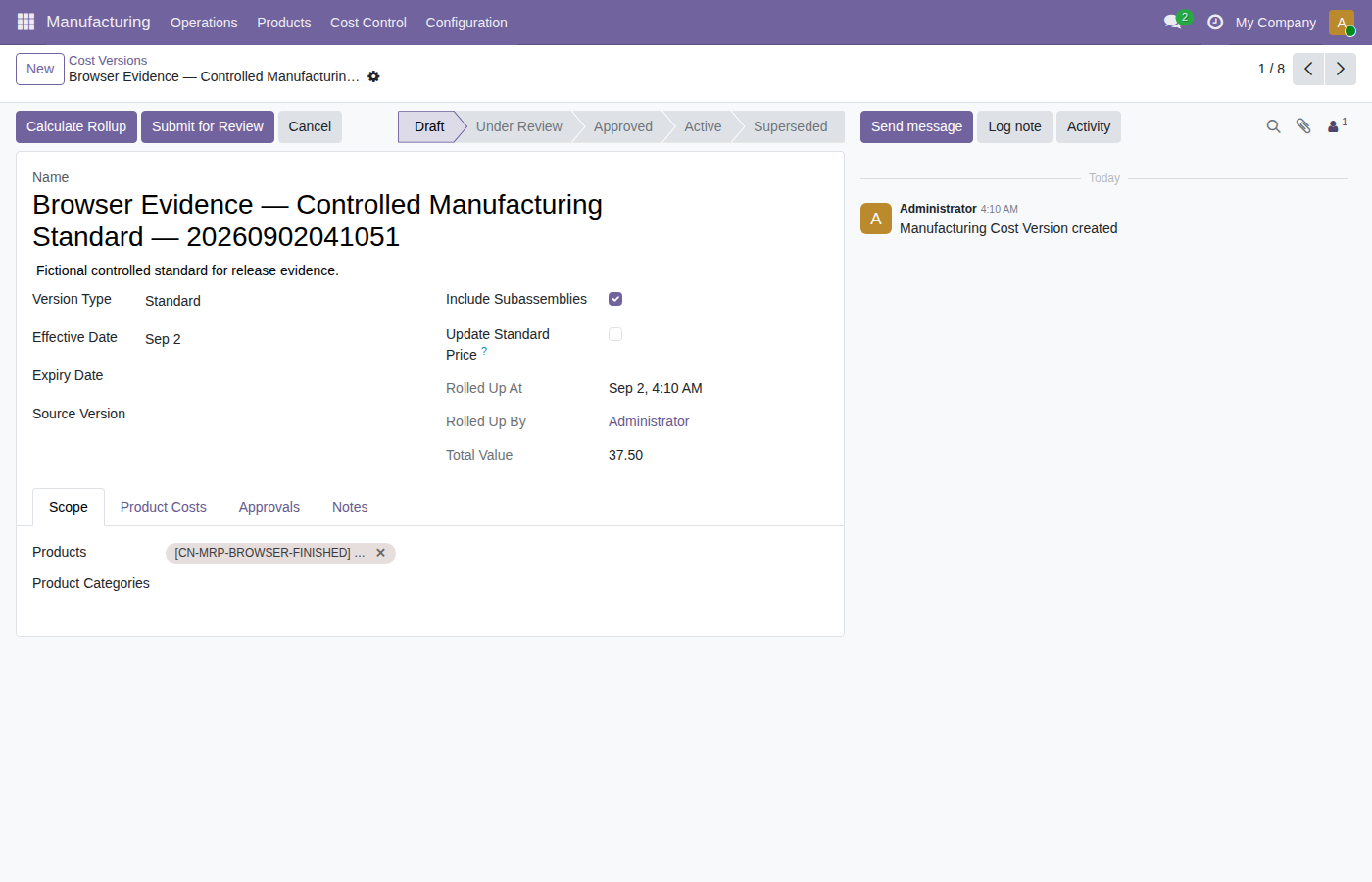 Controlled standard cost version with scope and approval state