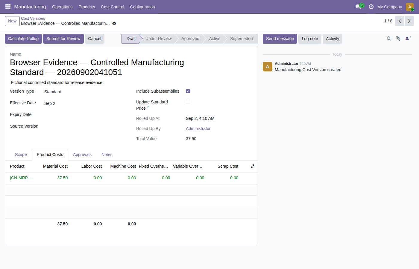 Rolled-up product cost with component and operation sources
