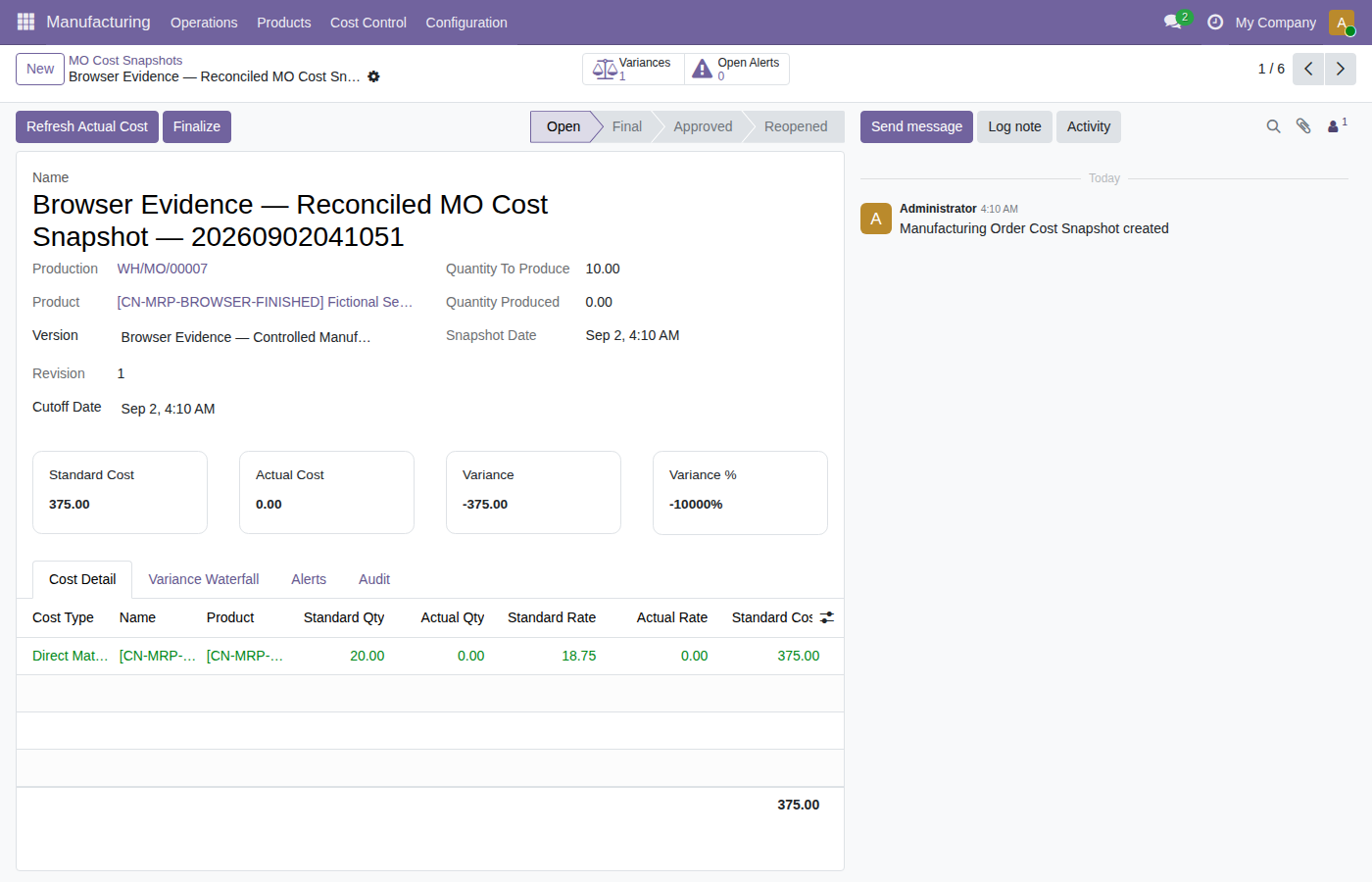 Reconciled manufacturing-order cost snapshot with standard and actual lines