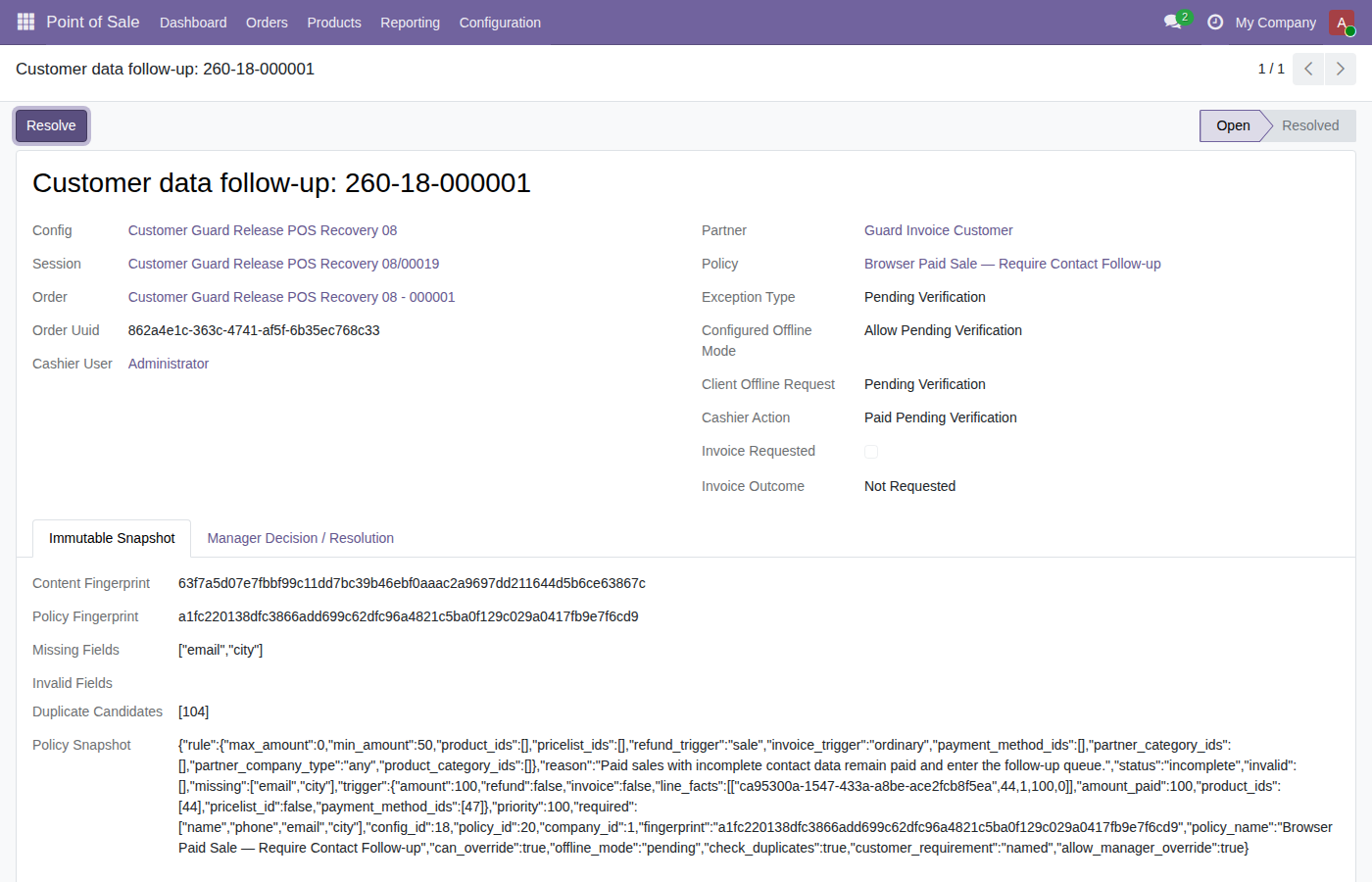 Immutable customer-data exception detail and audit snapshot