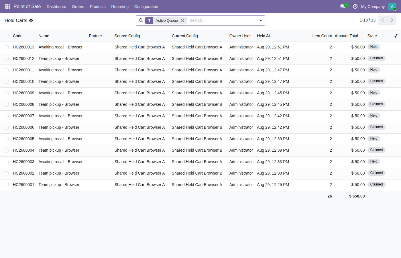 Held-cart queue with codes, values and states