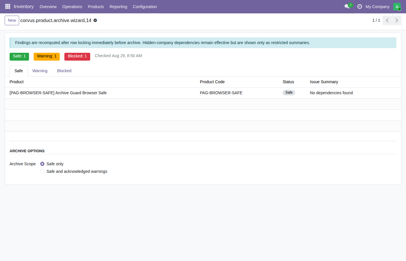 Product Archive Preflight wizard with Safe, Warning, and Blocked totals