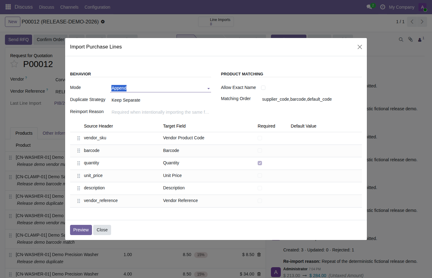 Purchase import file upload