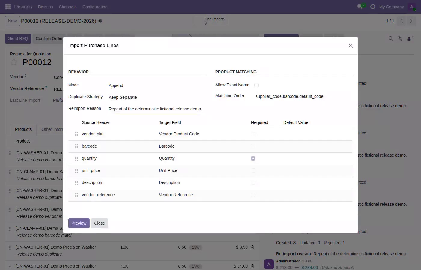 Purchase import column mapping