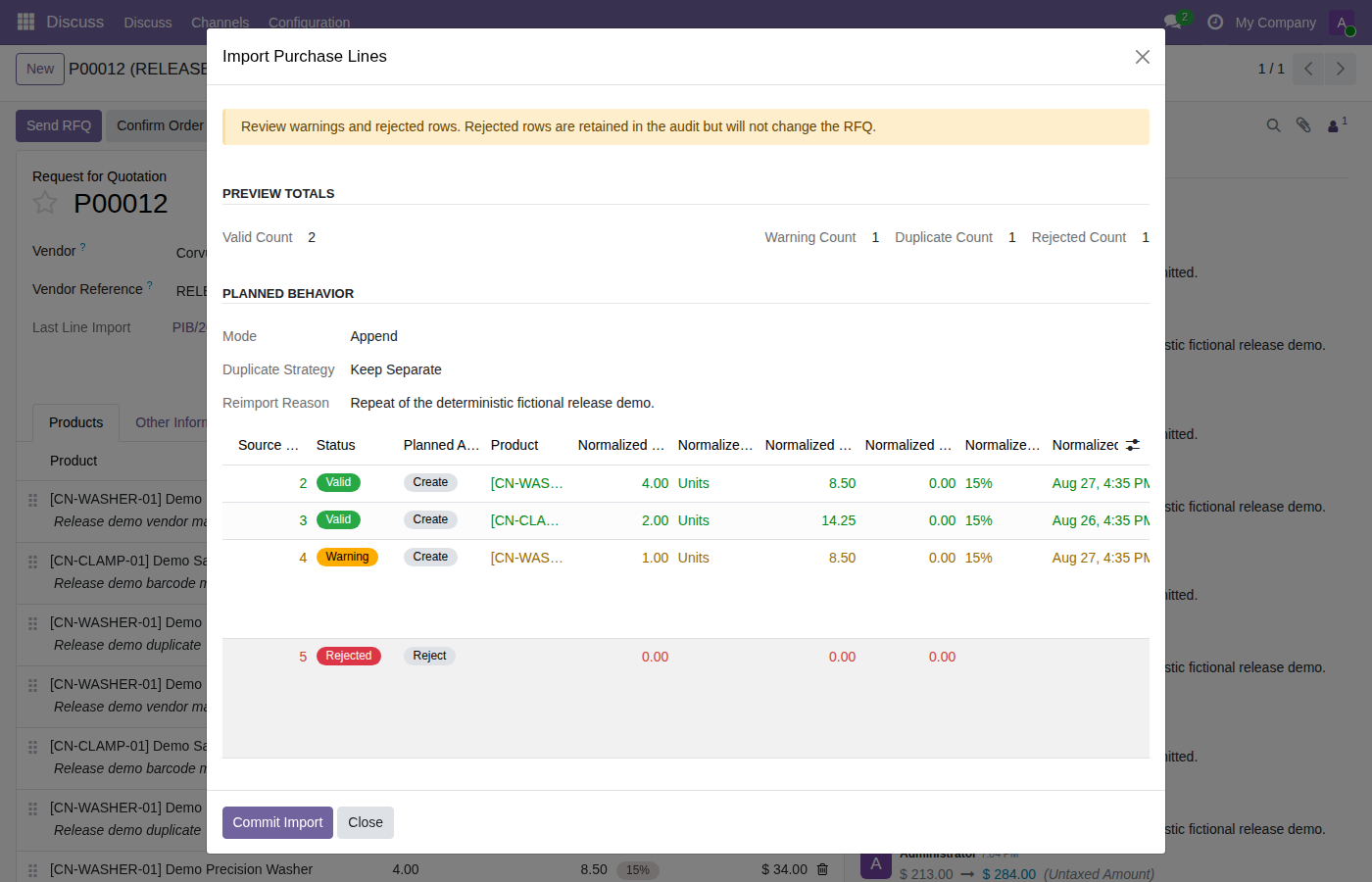 Purchase import preview results