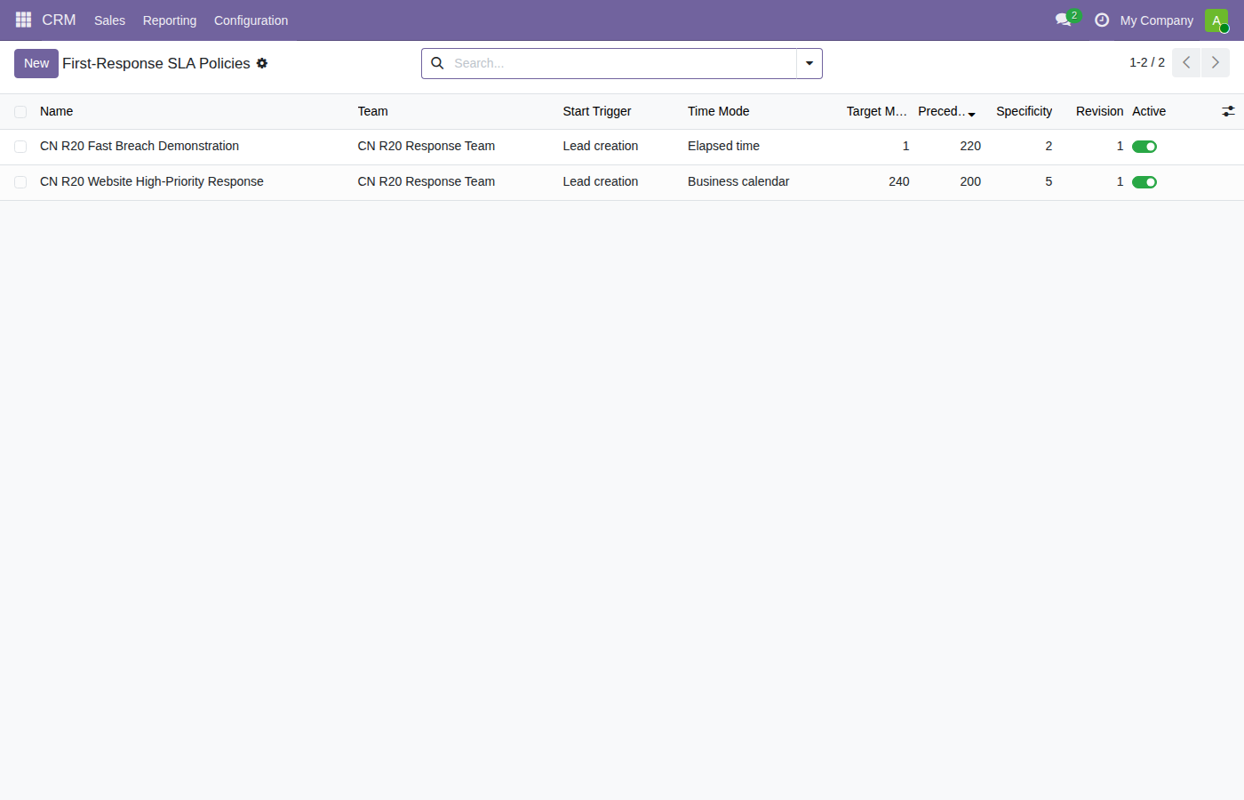 First-Response SLA policy list and business-time policy configuration in Odoo CRM