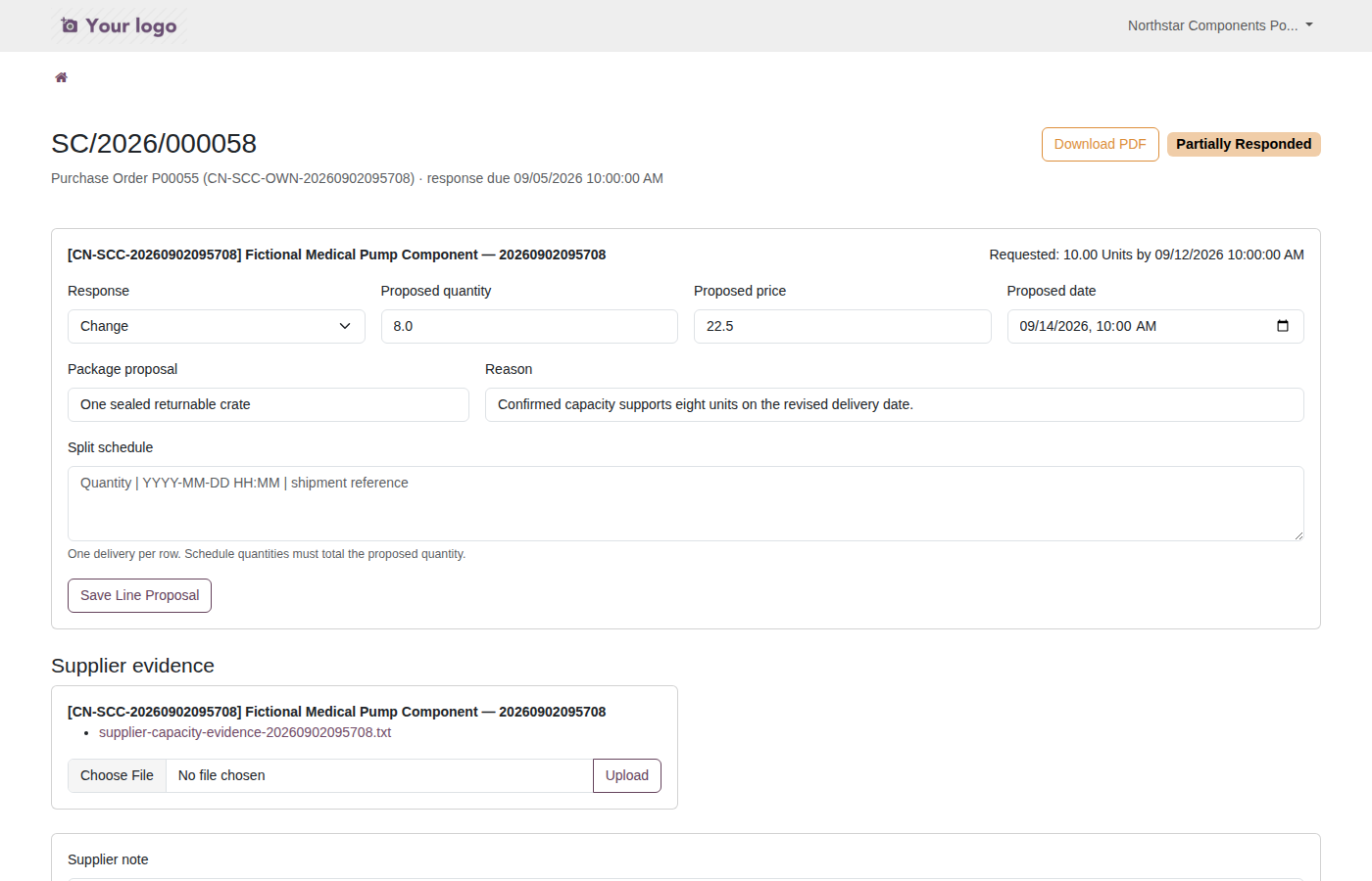 Supplier line proposal with protected evidence and permitted changes