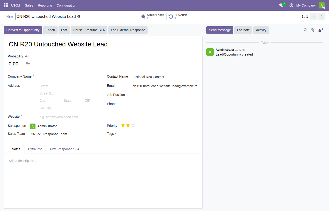 CRM lead form showing a running first-response clock, deadline, remaining minutes, and source