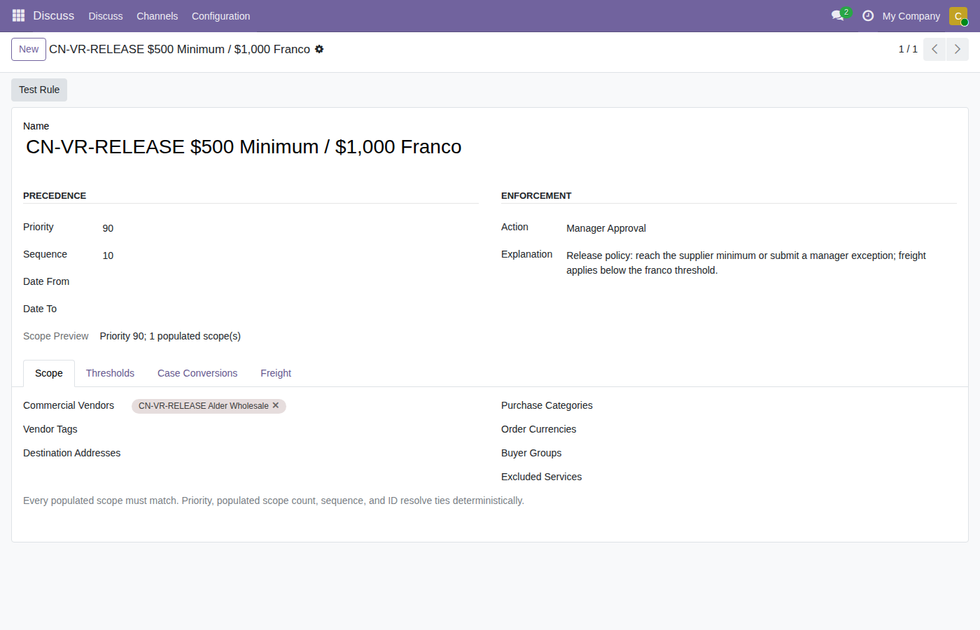 Vendor rule configuration with minimum and free-freight thresholds