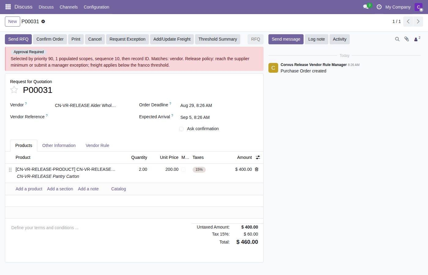 Purchase RFQ showing vendor rule status and threshold metrics