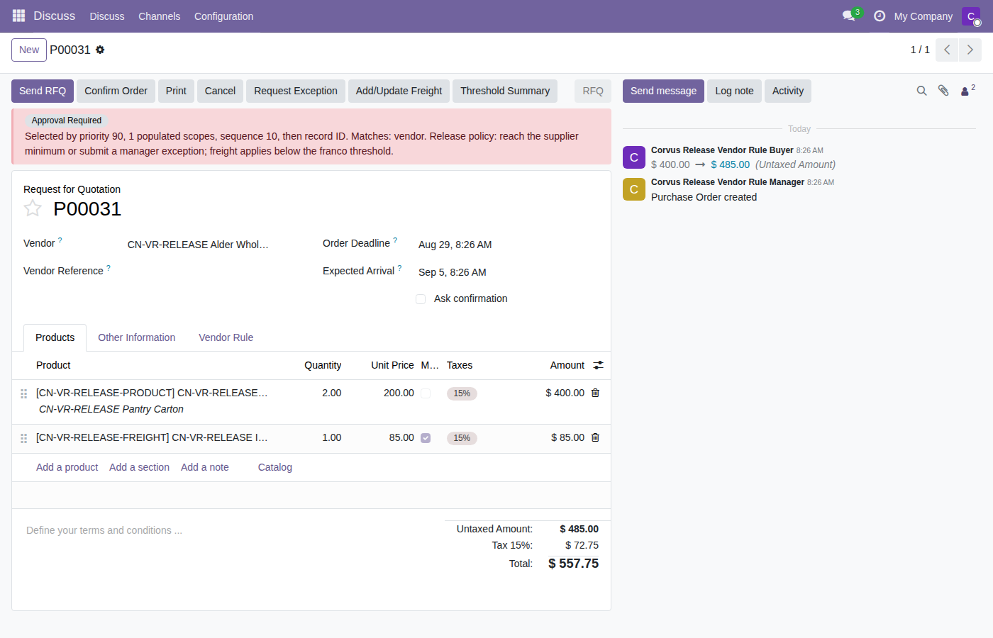 Purchase RFQ with managed freight action