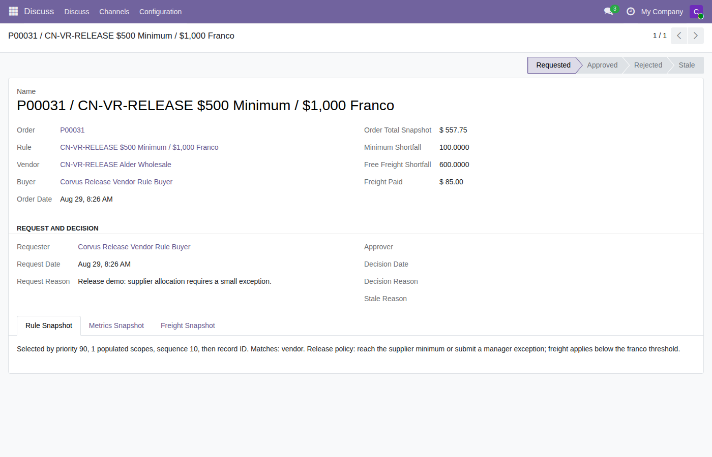 Buyer exception request with an editable business reason