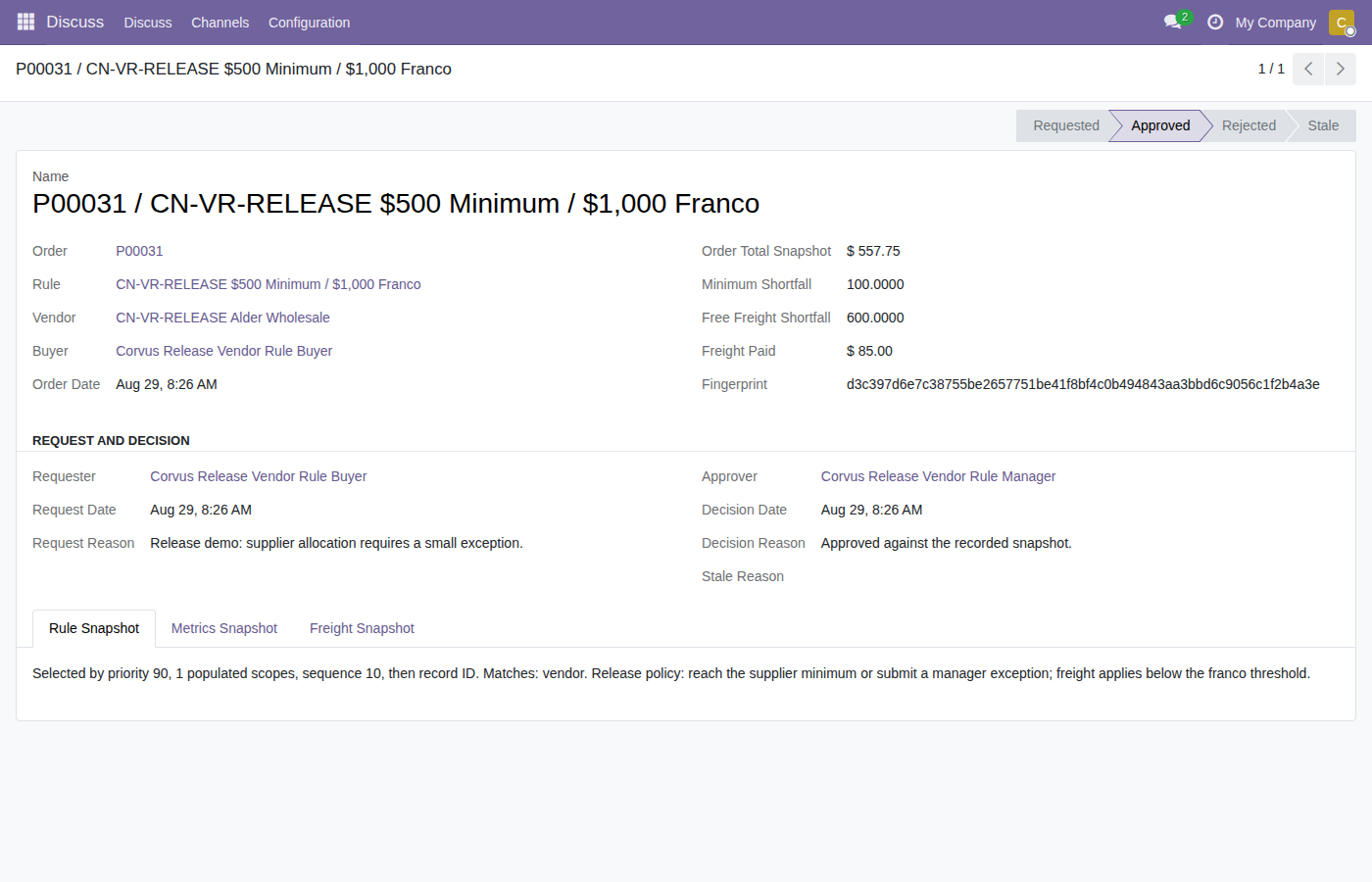 Vendor rule exception snapshot and manager approval queue