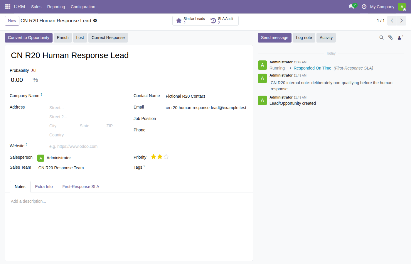 CRM lead form showing an on-time qualified first response and response channel