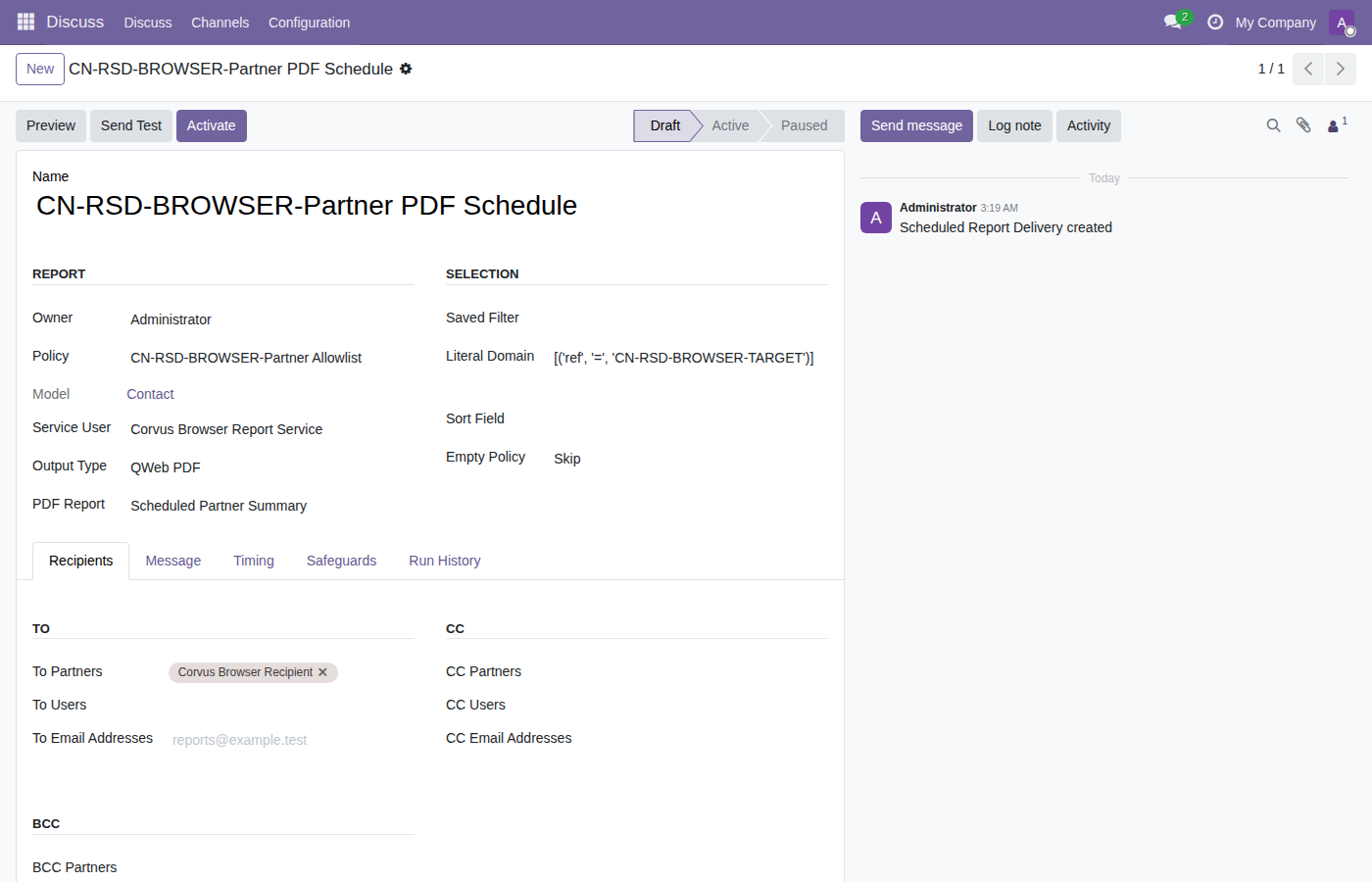 PDF report schedule form