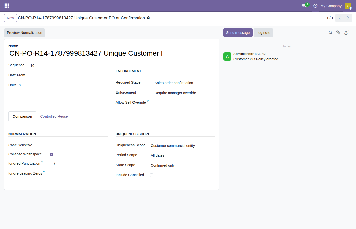 Customer PO policy configuration