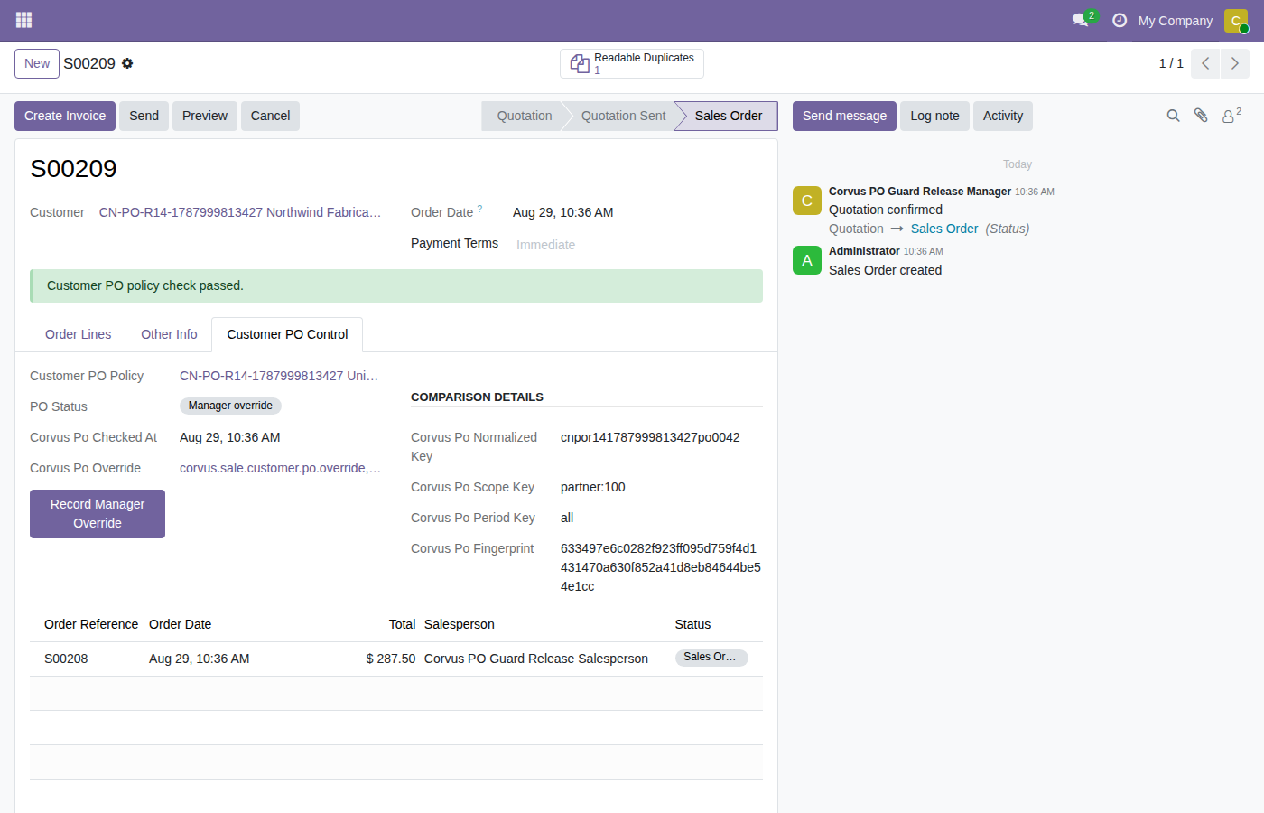 Manager-approved duplicate customer PO