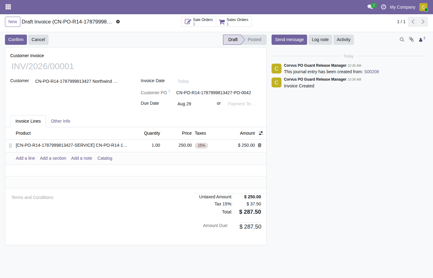 Customer PO propagated to a linked invoice