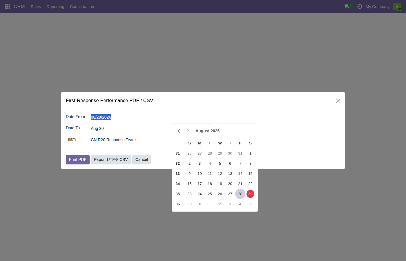 First-Response Performance PDF and UTF-8 CSV report wizard