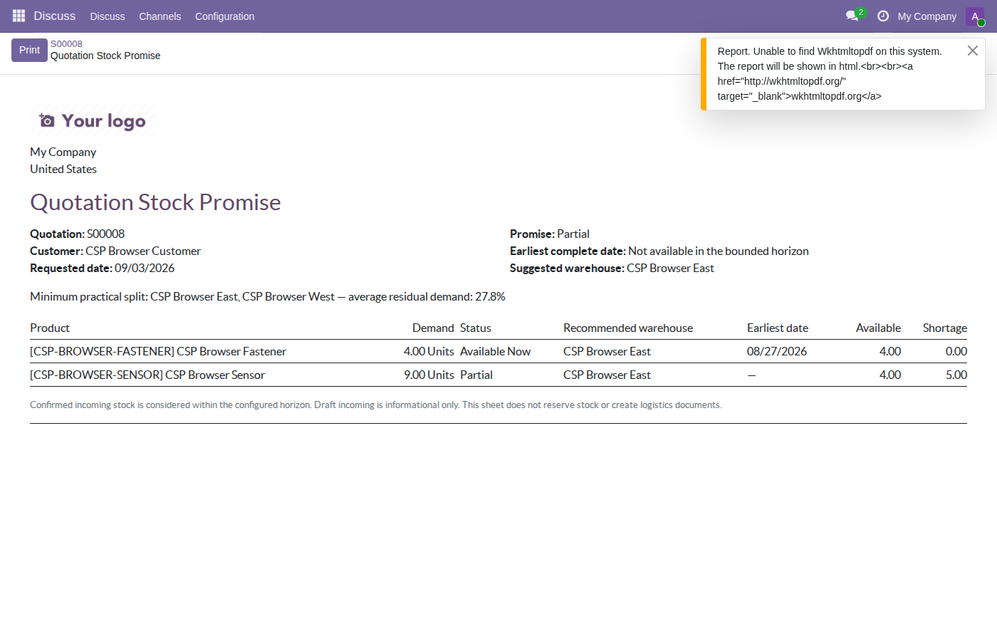 Quotation stock promise sheet