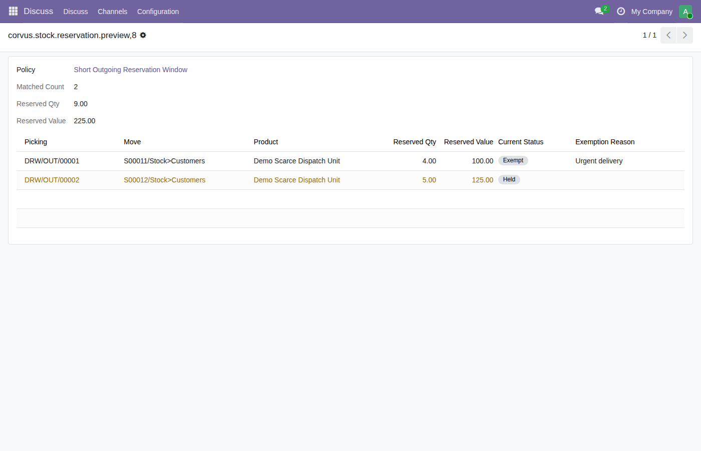 Policy preview showing matching deliveries and reserved quantity