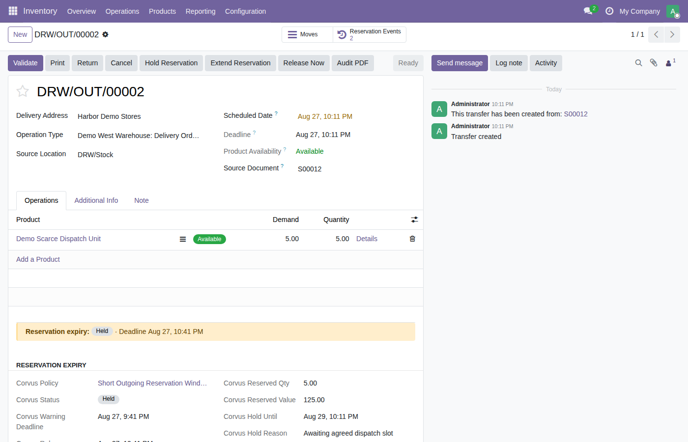Held transfer with reservation deadline and manager action controls