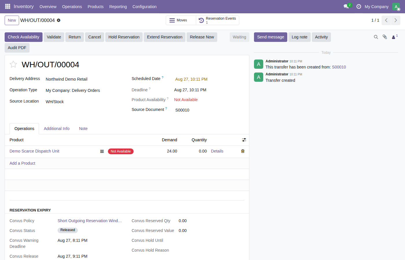 Released transfer showing reservation outcome and cooling information