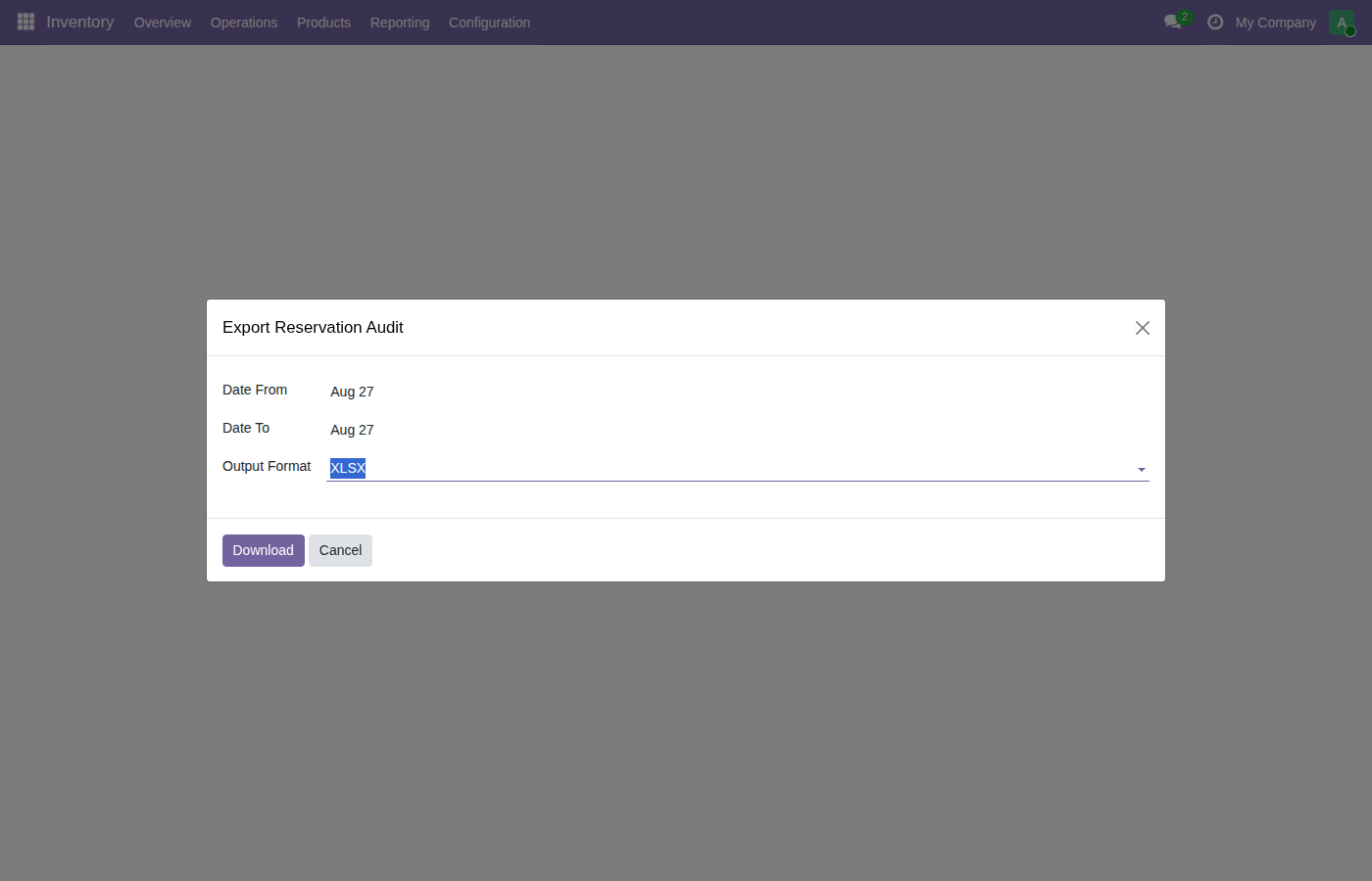 Reservation audit export wizard with date range and CSV or XLSX format