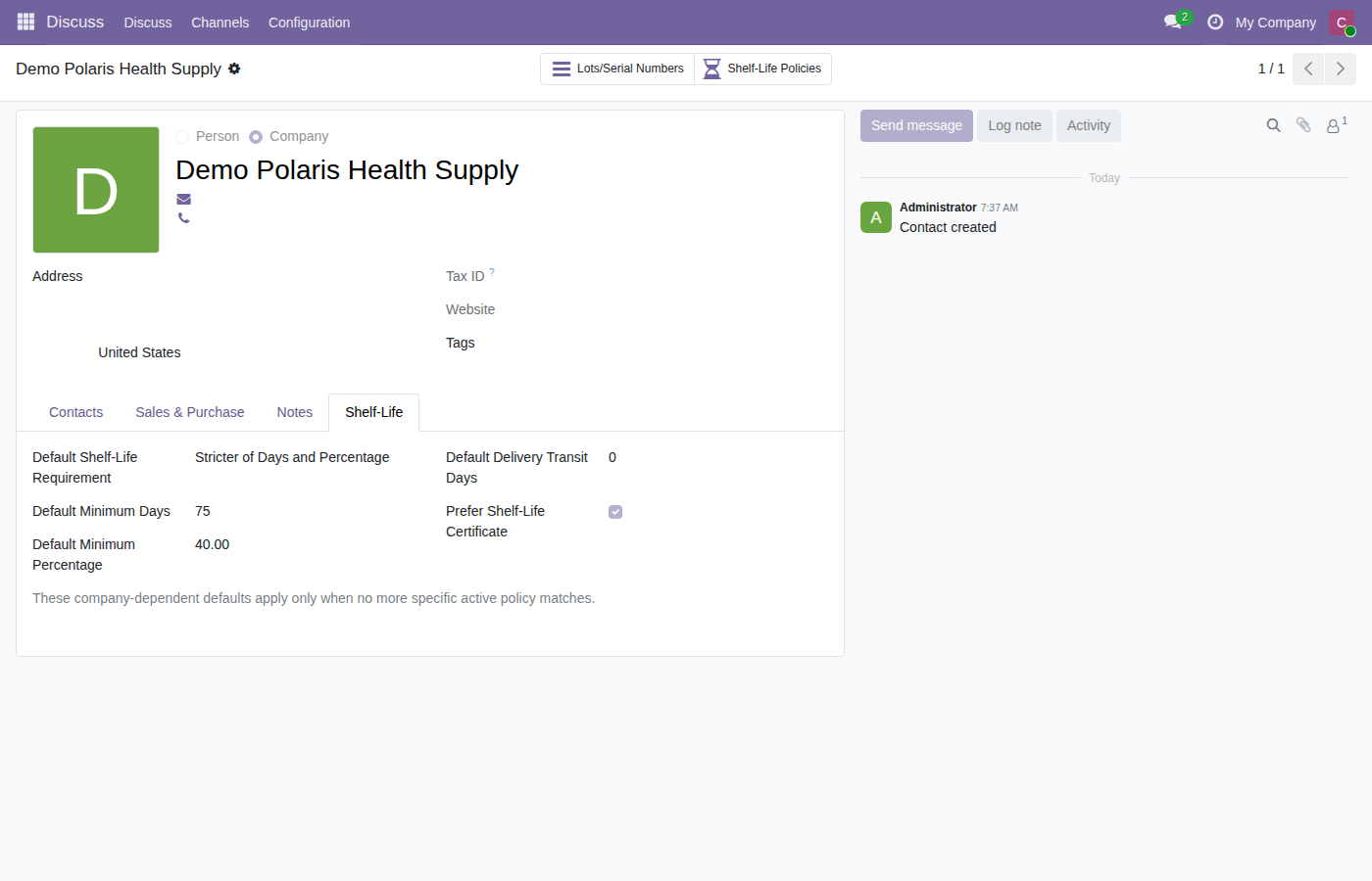 Customer form Shelf-Life page with company-dependent defaults