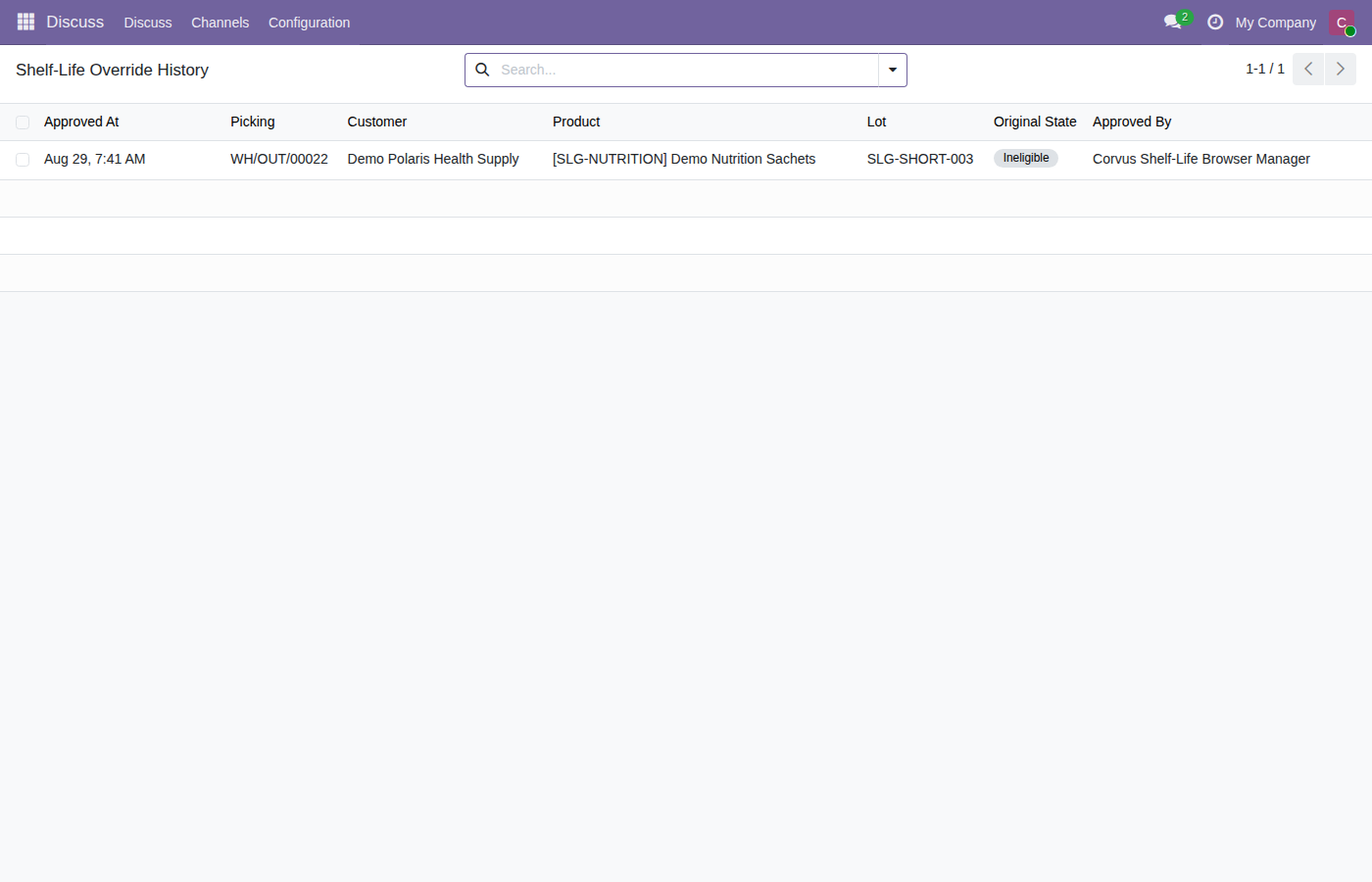 Shelf-Life Override History showing a recorded manager decision