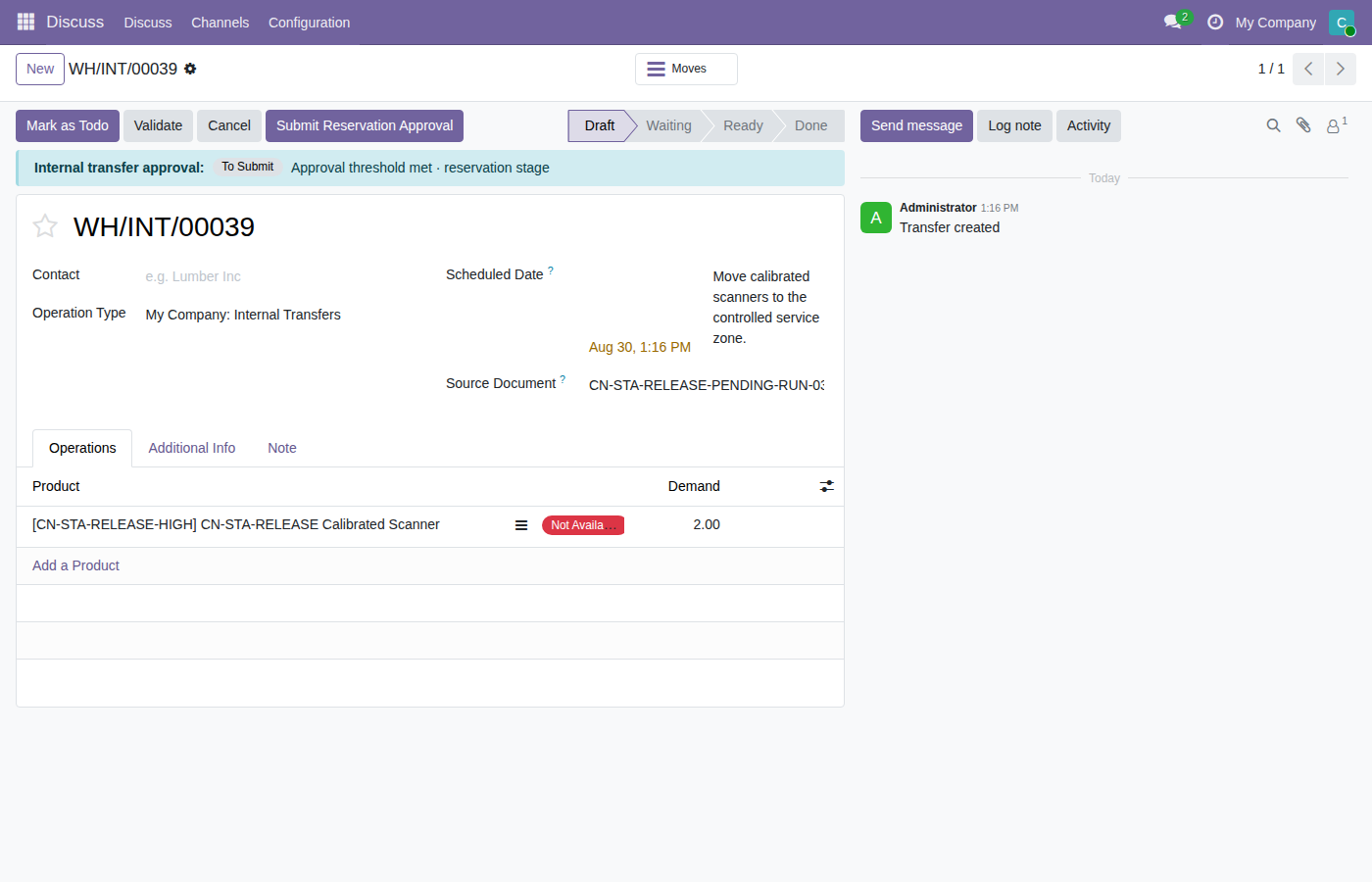 Internal transfer prepared for approval