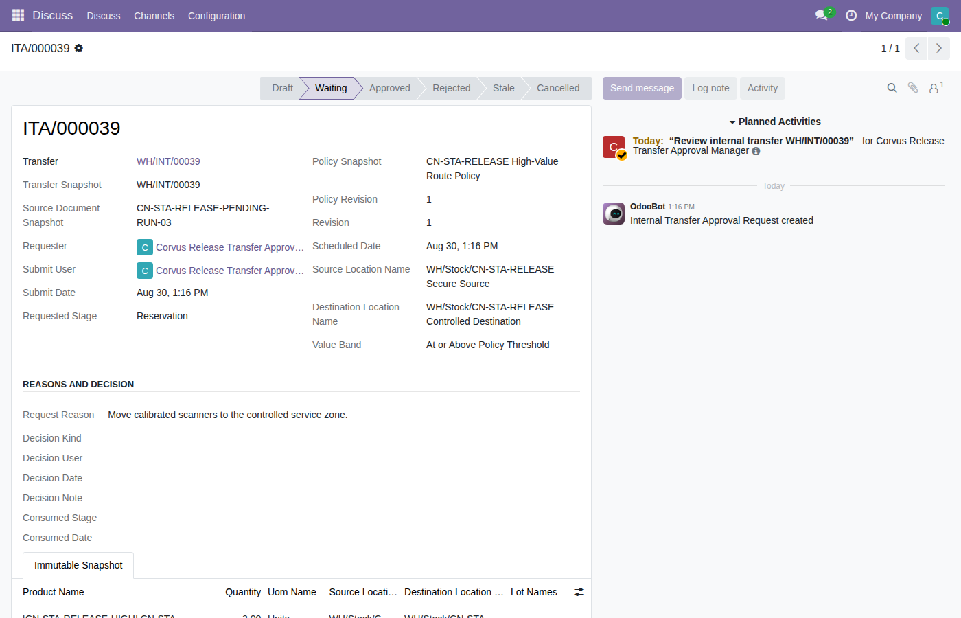 Internal transfer approval request waiting for review