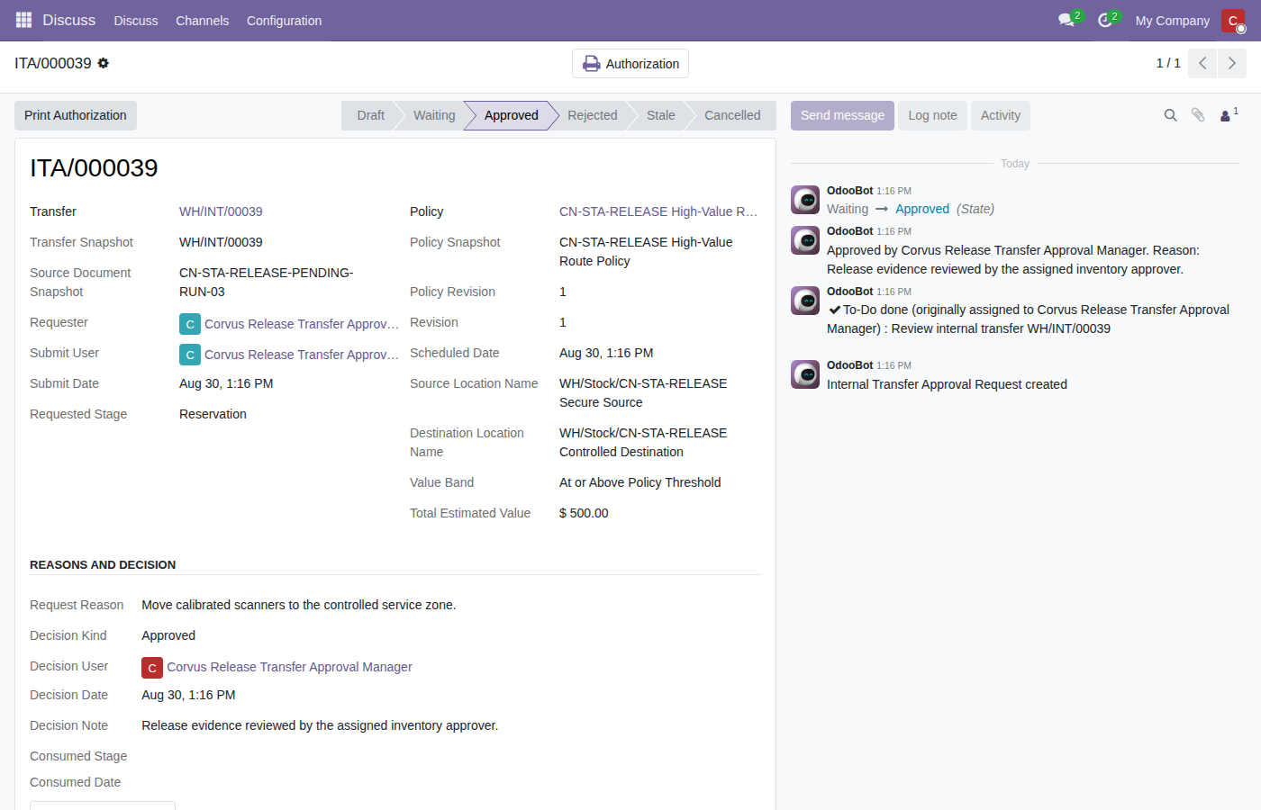 Approved internal transfer request with snapshot