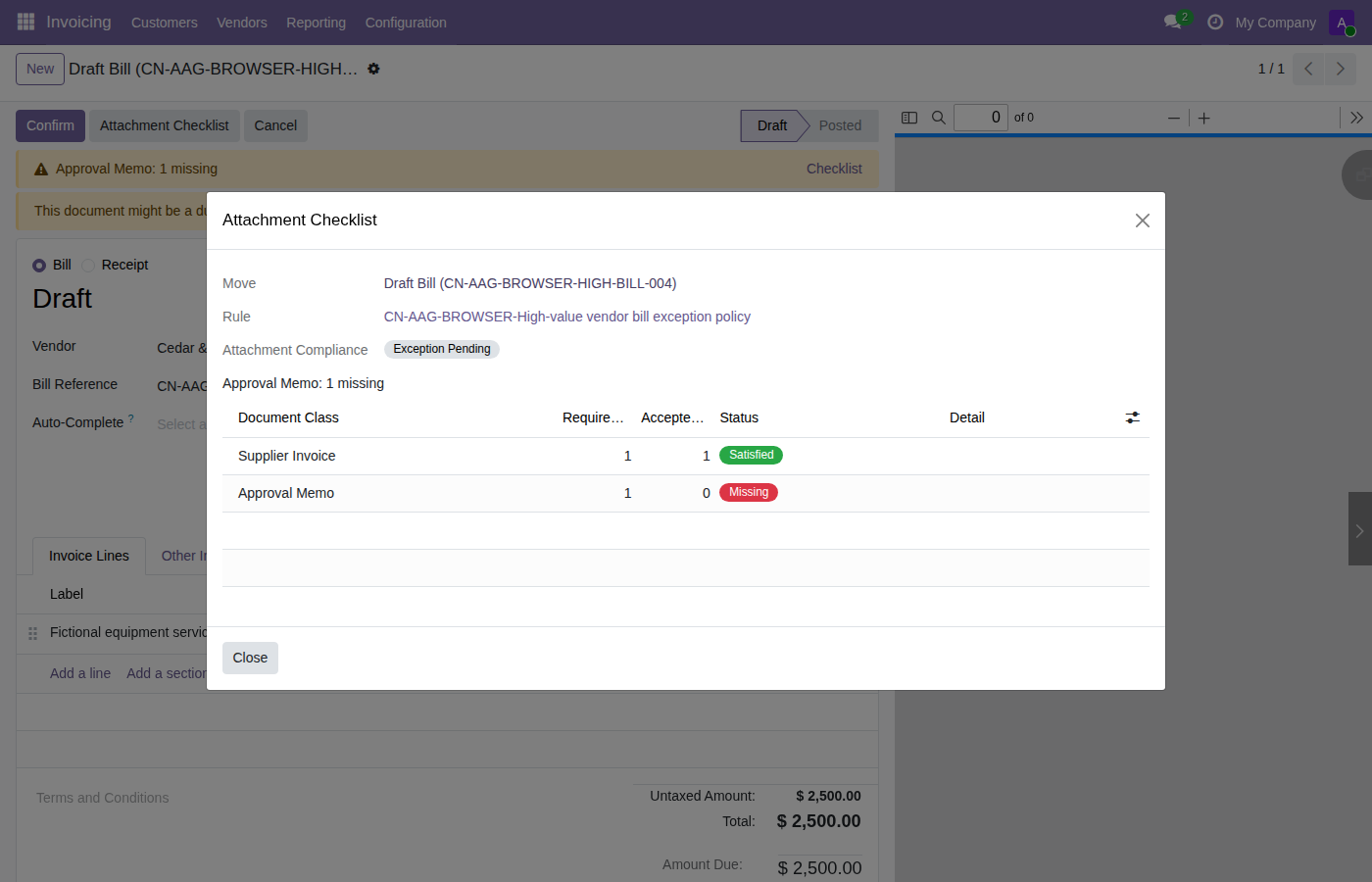 Vendor bill attachment checklist showing missing approval memo