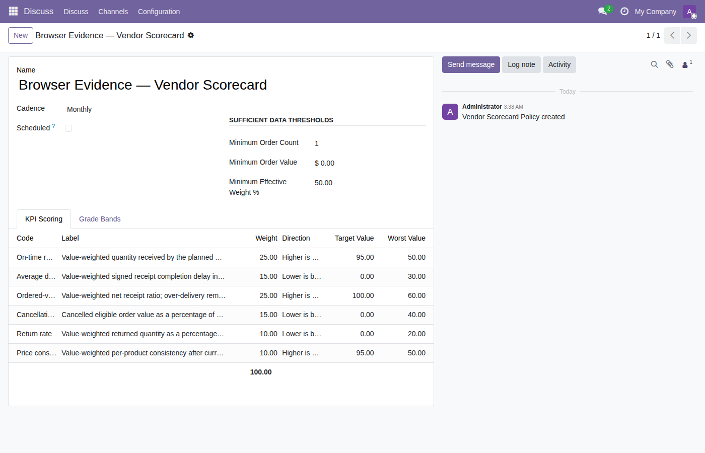 Vendor scorecard policy configuration