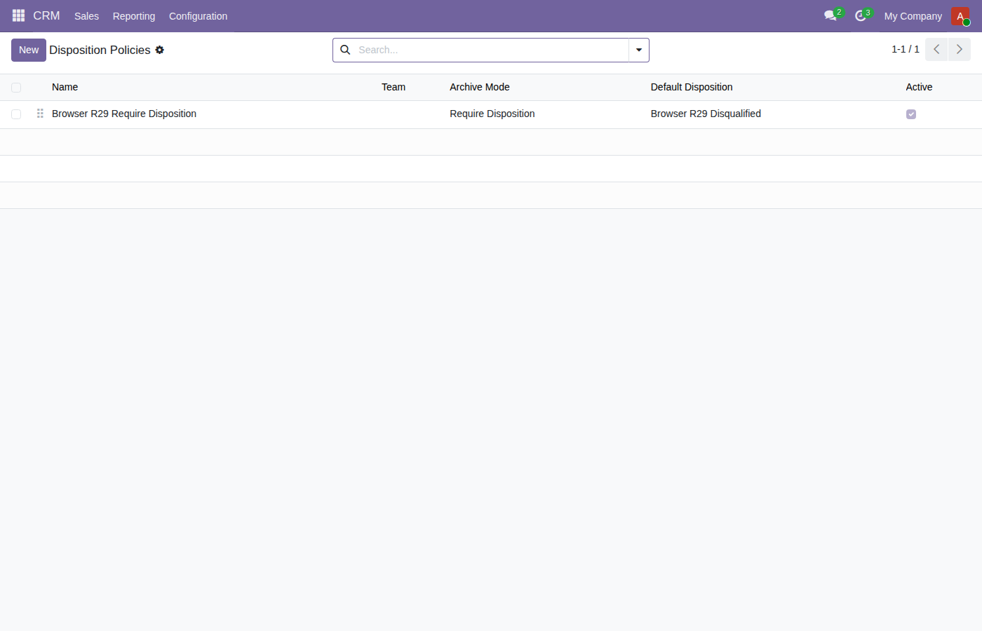 CRM disposition governance policy in Odoo
