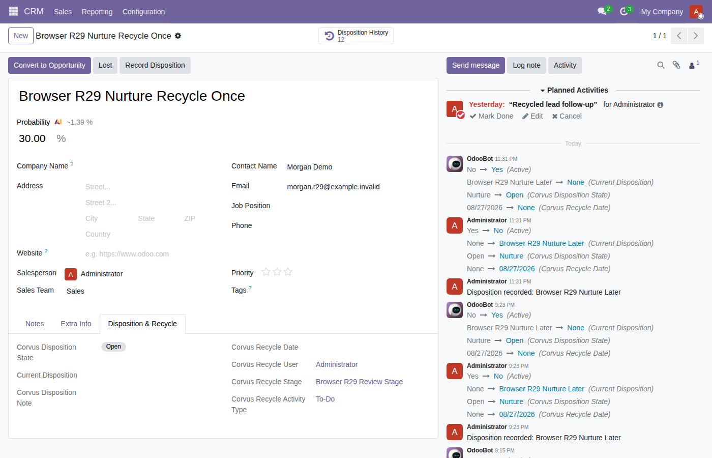 Recycled CRM lead with follow-up activity