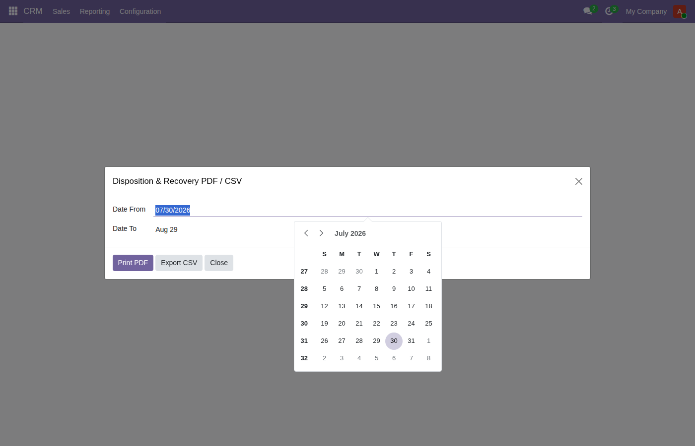 Disposition and recovery PDF or CSV report wizard