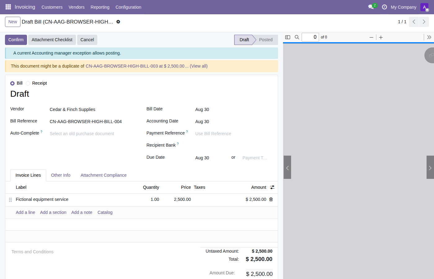Vendor bill after a current manager exception is approved