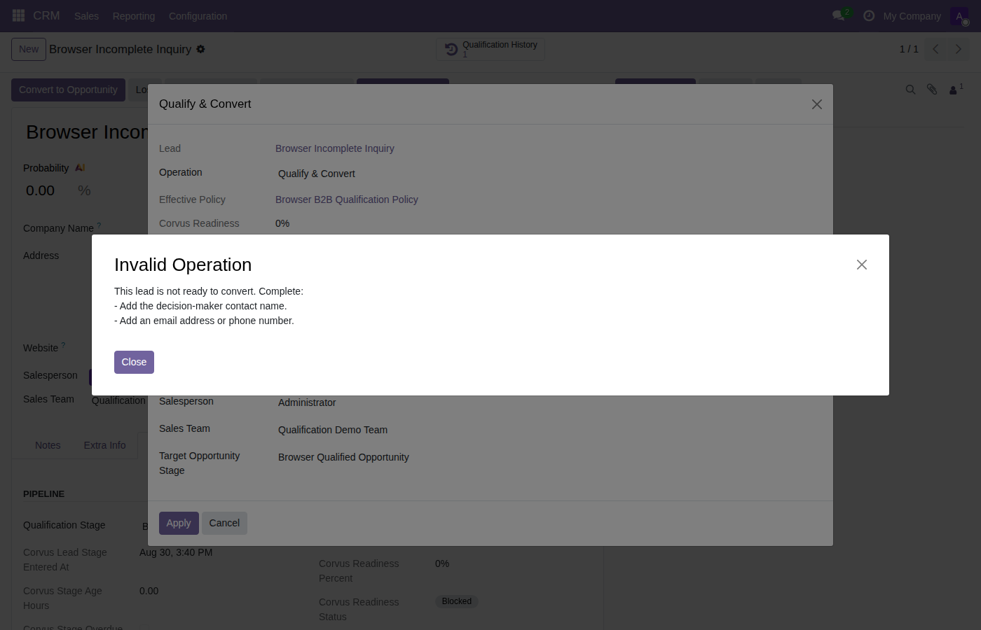 Server-side conversion gate explaining missing qualification evidence