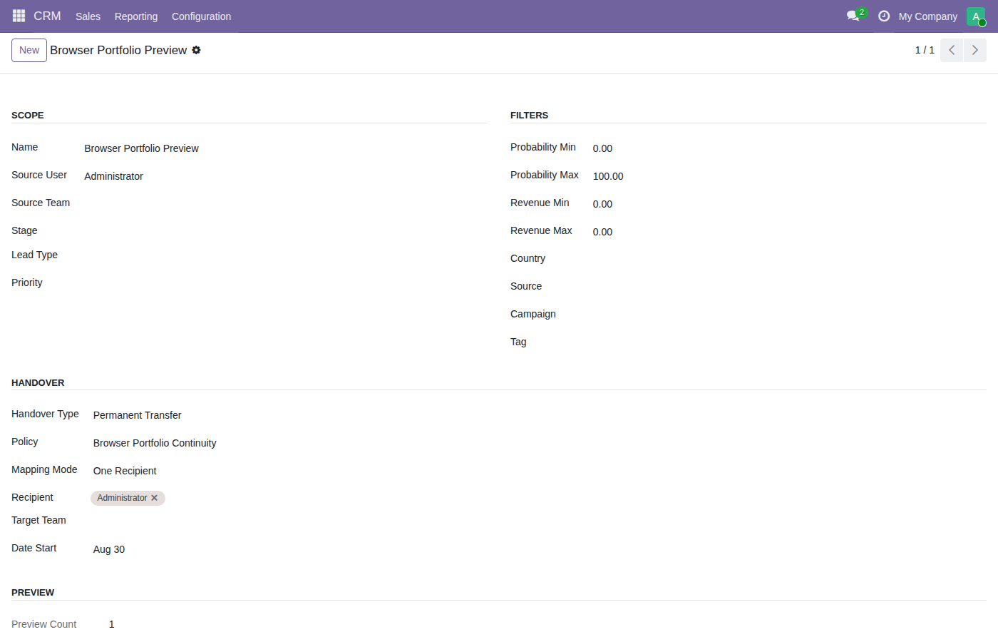 CRM portfolio preview and recipient mapping