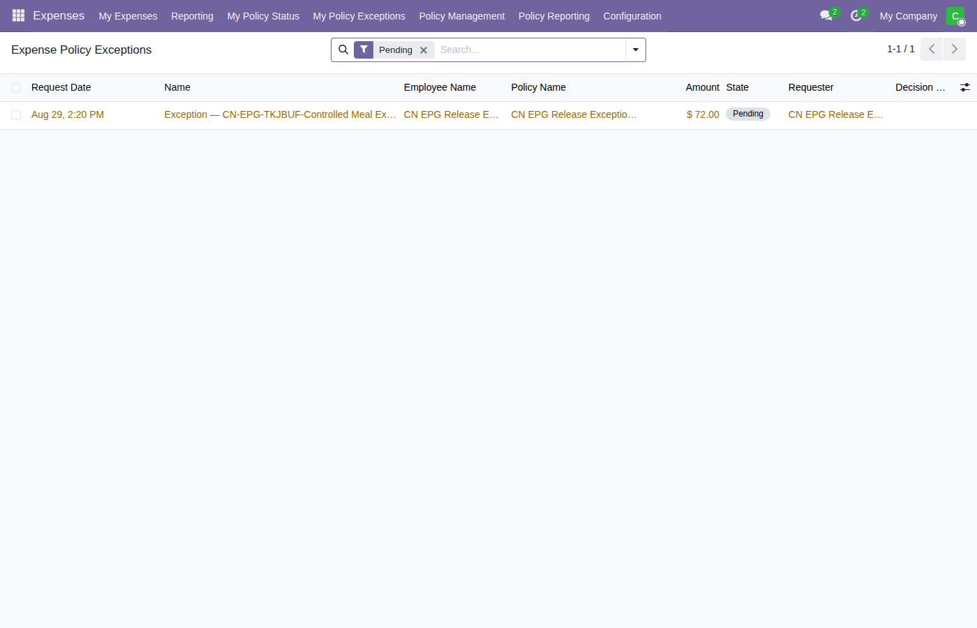Manager expense policy exception queue with pending request