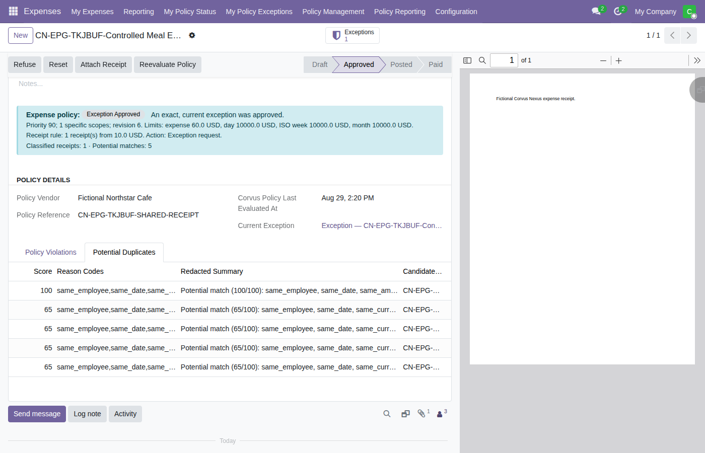 Native expense form showing neutral potential duplicate signals