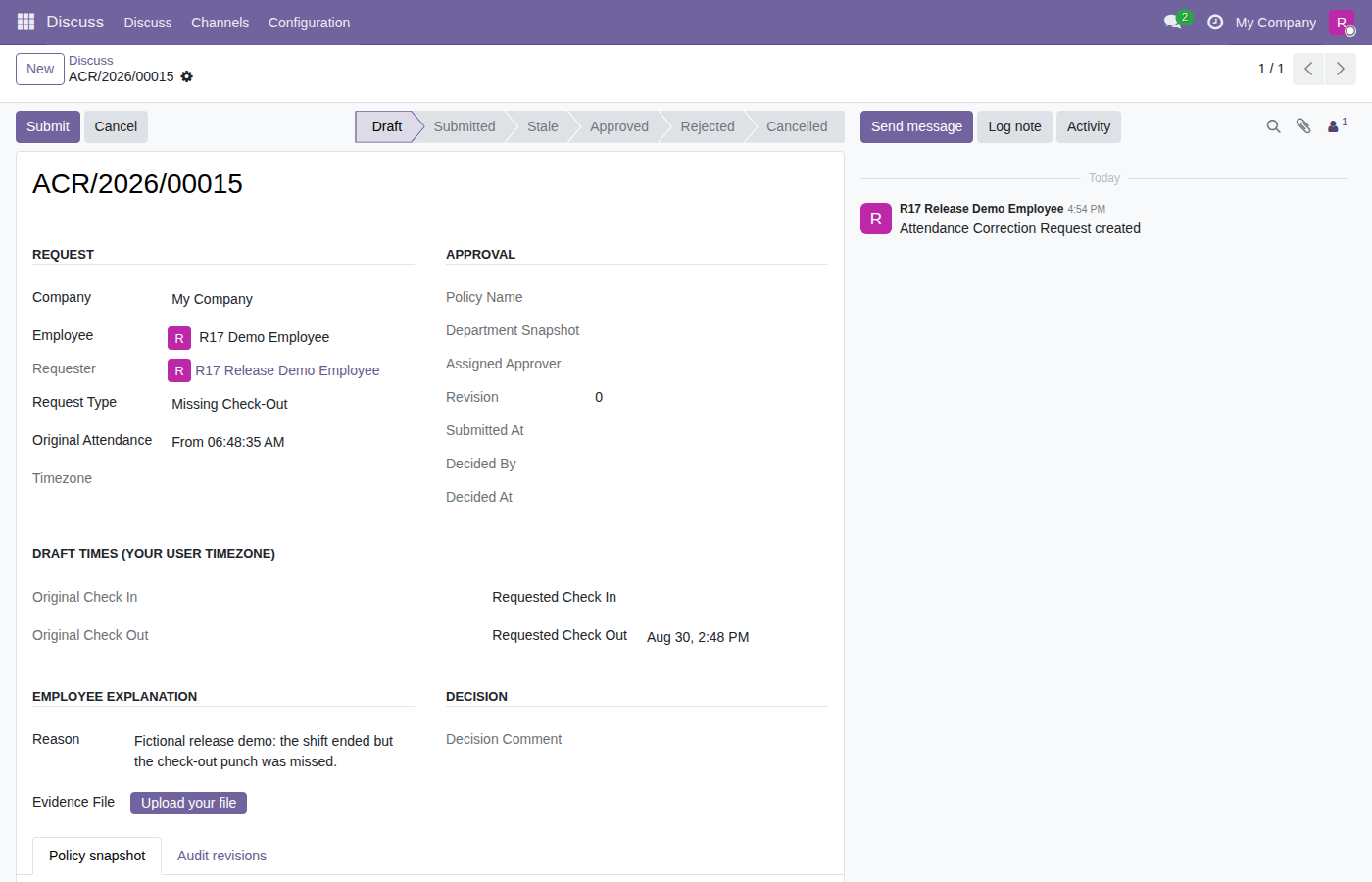 Employee attendance correction request form