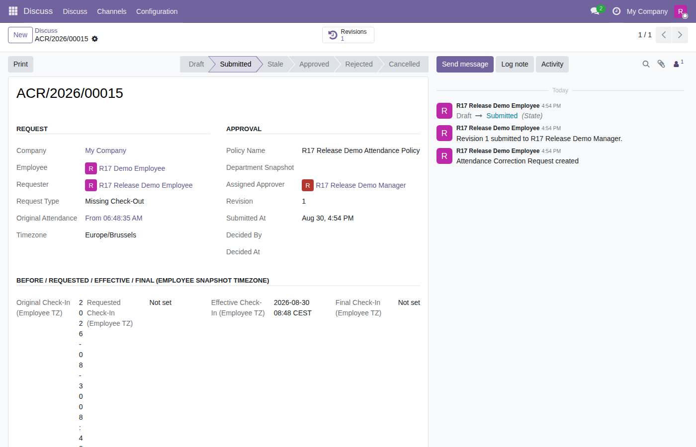 Submitted employee attendance correction request