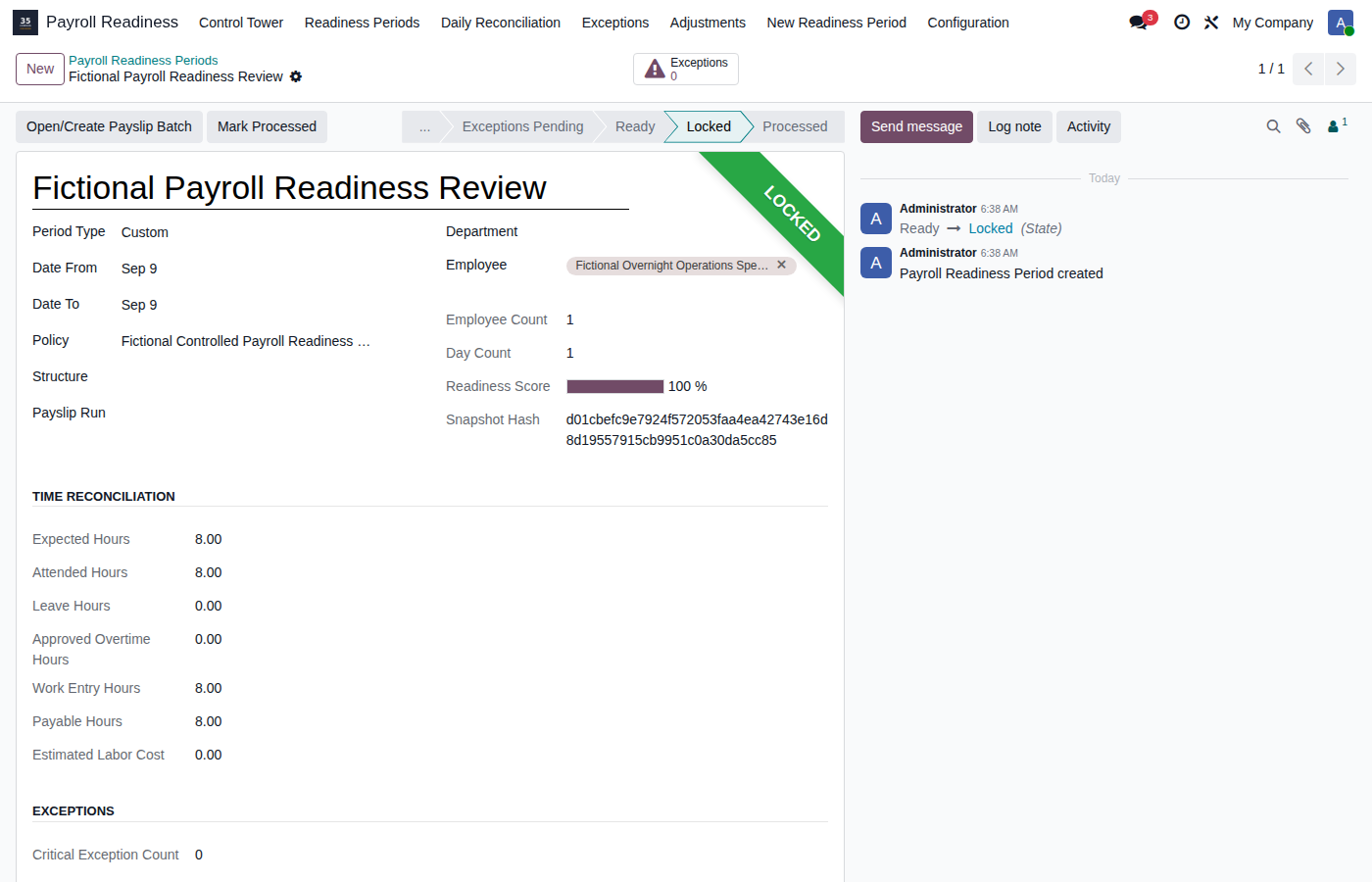 Locked payroll readiness period with readiness status and snapshot evidence