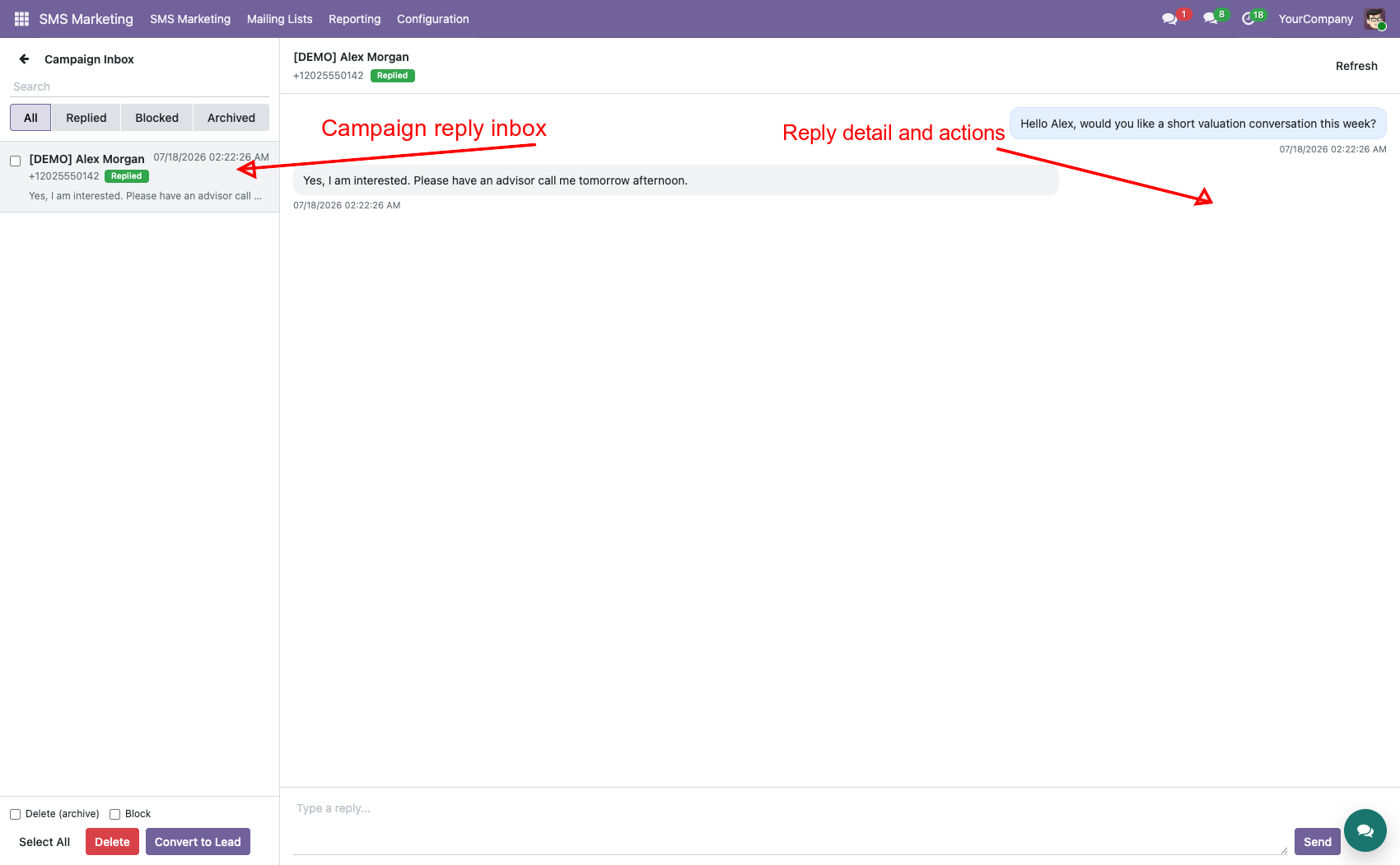 SMS campaign reply inbox