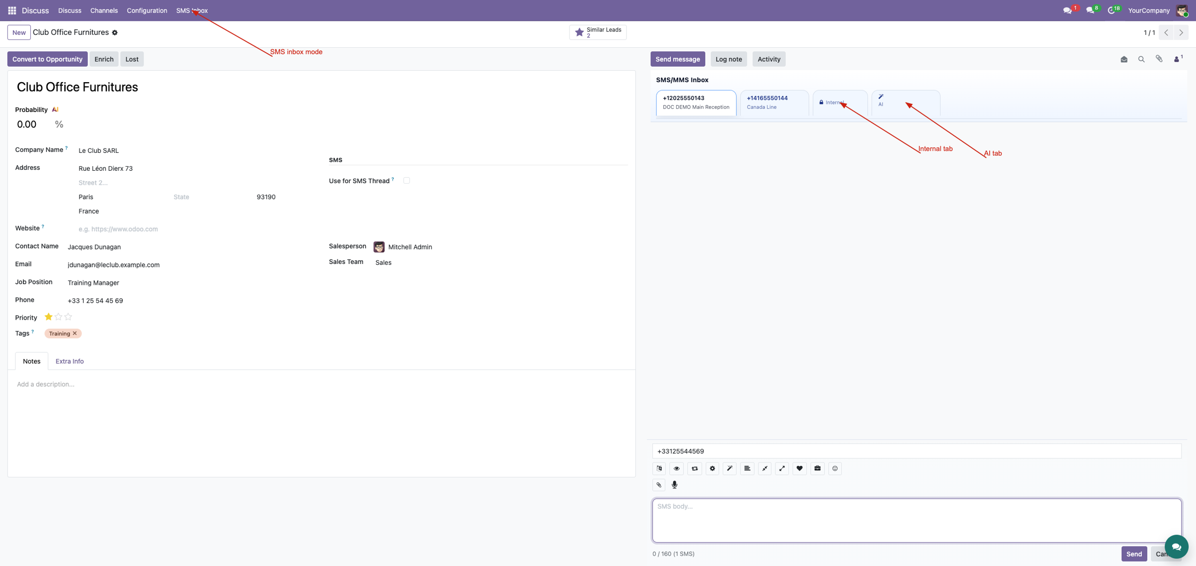 Per-number Internal and AI tabs