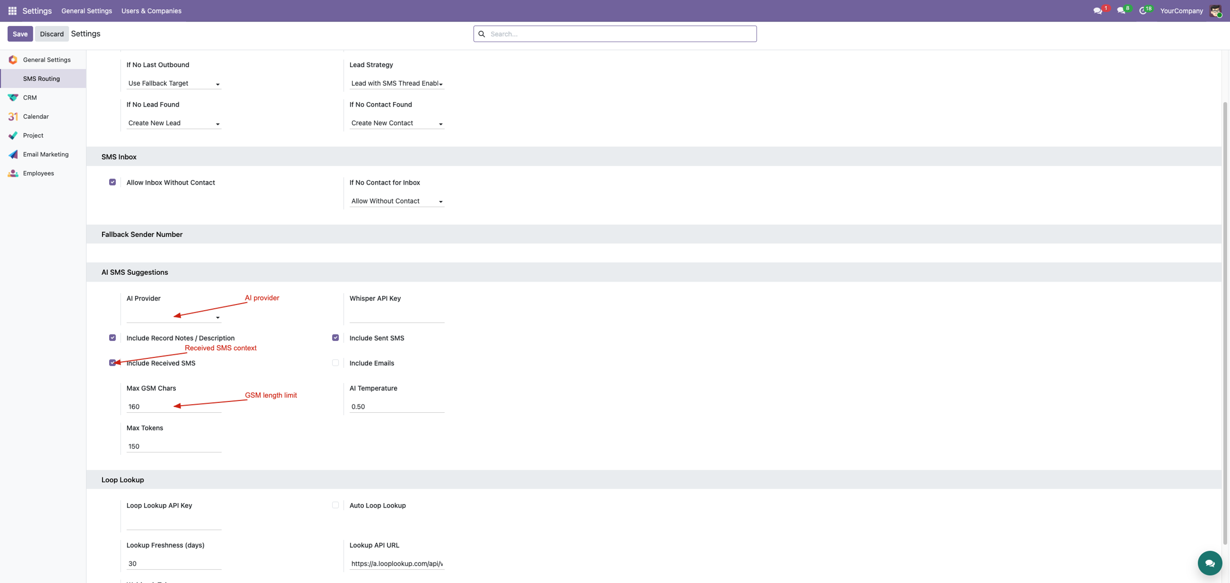 AI SMS Suggestions settings